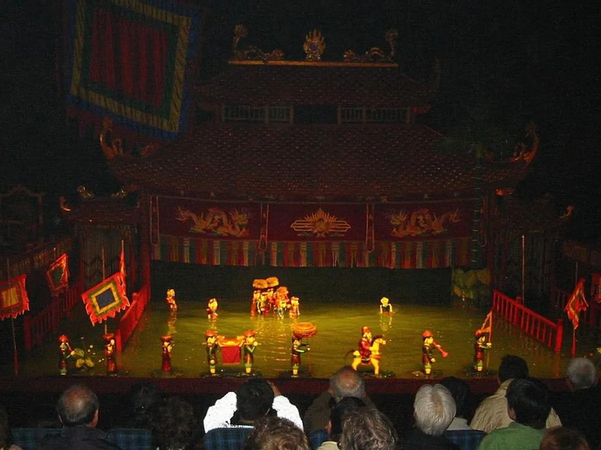 A scene from a traditional Vietnamese water-puppet theatre performance on the water stage